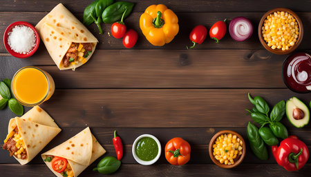 Overhead view of Mexican cuisine ingredients, including burritos, corn, tomatoes, basil, and peppers arranged on a wooden table.の写真素材