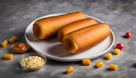 Three golden brown pastry rolls on a white plate with caramel sauce, cream, and yellow and red fruit. The background is gray.の写真素材