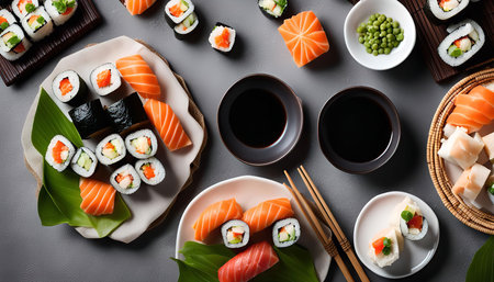 A top view of a spread of freshly made Japanese sushi, including nigiri, maki rolls, and various garnishes. The sushi is arranged on a gray table with plates and bowls for soy sauce, wasabi, and pickled ginger. The scene looks appetizing and ready to be enjoyed.の写真素材