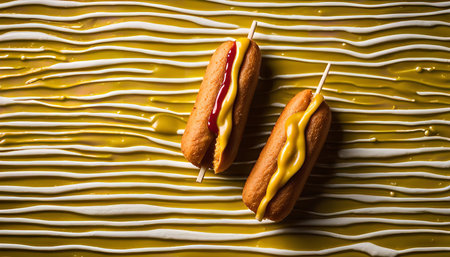 Two corn dogs with ketchup and mustard drizzle on a yellow and white backgroundの写真素材