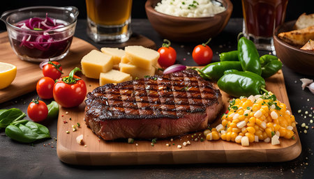 Close-up shot of a perfectly grilled steak on a wooden cutting board surrounded by a variety of side dishes including corn, peppers, tomatoes, cheese, and red onion.の写真素材