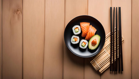 A black plate of sushi with salmon and avocado sits on a wooden table next to a set of black chopsticks.の写真素材