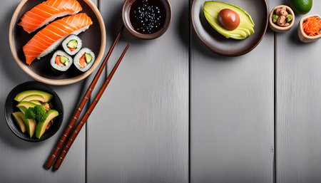 A delicious sushi set with salmon, avocado, and rice served on a wooden table.の写真素材