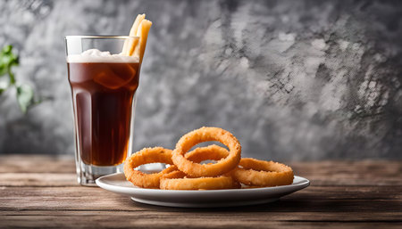 A plate of golden brown onion rings sits next to a glass of iced coffee on a rustic wooden table. The image is a classic depiction of a simple, yet satisfying snack.の写真素材