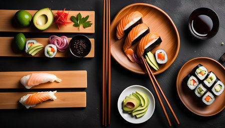 A top-down view of a beautifully arranged sushi platter with different types of sushi including nigiri, maki, and avocado slices, set on a black background.の写真素材