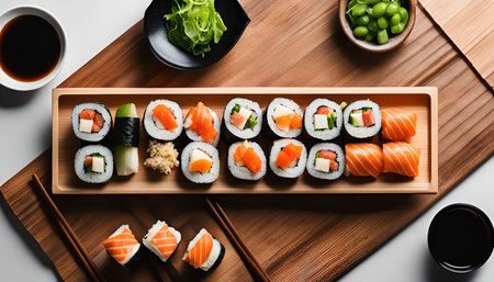 A close-up view of a sushi platter filled with various types of maki and nigiri sushi, showcasing salmon, cucumber, avocado, and other fresh ingredients. The sushi is arranged on a wooden tray and served with soy sauce, wasabi, and pickled ginger. The image captures the vibrant colors and appealing textures of this traditional Japanese cuisine.の写真素材