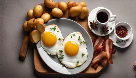 A delectable breakfast spread featuring perfectly fried sunny side up eggs, crispy bacon strips, and a side of potatoes. The golden yolks and the rich brown of the bacon create a visually appealing contrast, making this a satisfying and flavorful morning meal.の写真素材