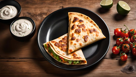 Two delicious quesadillas served on a black plate with sour cream and cherry tomatoes. The quesadillas are filled with cheese and vegetables.の写真素材