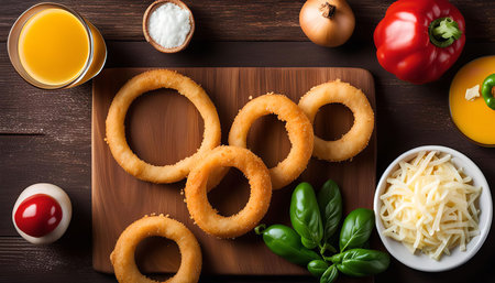 A plate of crispy onion rings with shredded cheese and fresh basil on a wooden table.の写真素材