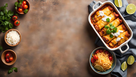 A delectable spread of Mexican enchiladas, accompanied by side dishes like rice, spaghetti, and fresh tomatoes. The dish is garnished with cilantro and a dollop of sour cream, adding a touch of freshness and zest. This flavorful meal is a true testament to the vibrant flavors of Mexican cuisine.の写真素材