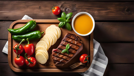 A delicious grilled steak with side dishes, including tomatoes, peppers, and cheese, is arranged on a wooden board. This mouthwatering meal is presented with a fork and a bowl of sauce, making it an inviting food photography image.の写真素材