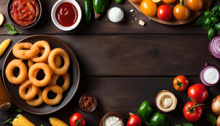 Top view of onion rings, tomato, green peppers and other ingredients on a wooden table.の写真素材