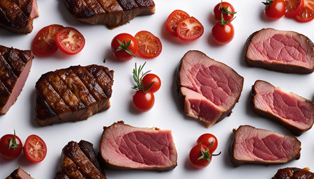 Close up of grilled meat slices and cherry tomatoes on a white surface.