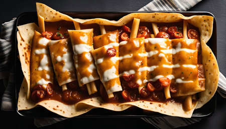 A delicious dish of enchiladas with creamy sauce and cherry tomatoes. Perfect for a quick and easy meal.の写真素材