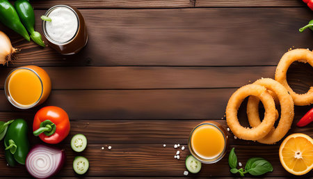 A vibrant and enticing flat lay showcasing a delicious spread of fresh fruit and vegetables alongside refreshing juices and crispy onion rings. The rustic wooden table adds a touch of warmth and authenticity to the scene.の写真素材