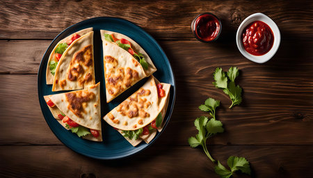 Four quesadillas, filled with cheese, tomato, and cilantro, are arranged on a blue plate on a wooden table. Two small bowls of salsa, and a sprig of cilantro, complete the scene.の写真素材