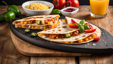 A close-up shot of delicious quesadillas with a variety of fillings and toppings. The quesadillas are arranged on a black cutting board, with additional ingredients like tomatoes, jalapenos, basil, cucumber, and corn.の写真素材