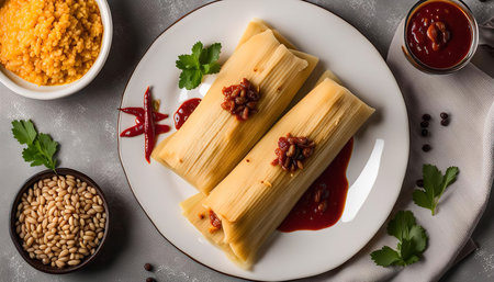 Two tamales filled with savory ingredients are on a white plate with chili sauce and pine nuts on the side.の写真素材