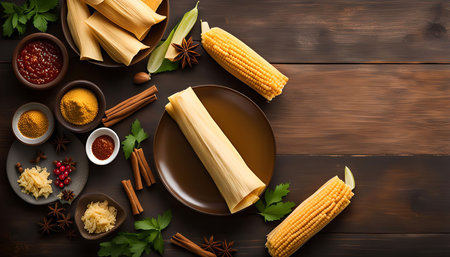 This image shows a variety of ingredients for making tamales, including corn husks, corn on the cob, cornmeal, spices, and red pepper flakes.の写真素材