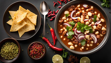 Close-up shot of a bowl with a mexican food dish with white beans, chili, onions, cilantro, and tortillas on the side. The dish is on a dark background and looks spicy and flavorful.の写真素材