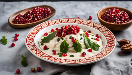 Close-up photo of a white creamy dessert garnished with pomegranate seeds, fresh herbs, and decorated with red patterns. Served on a white plate with wooden bowls of pomegranate seeds on the sides.の写真素材