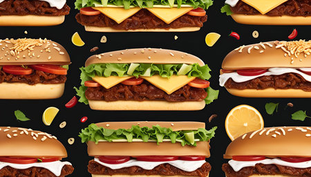 A close-up of a variety of hot dogs with different toppings, including cheese, lettuce, tomatoes, and sauce. The hot dogs are arranged against a black background, creating a visually appealing and appetizing image.の写真素材