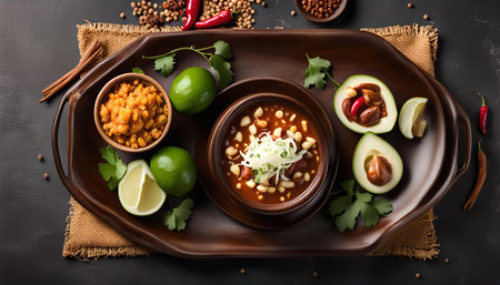 A traditional Mexican pozole dish, a hearty soup made with hominy, meat, and chili peppers, served in a rustic wooden bowl with garnishes like lime, avocado, and cilantro.の写真素材