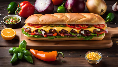 Closeup of a delicious submarine sandwich with fresh ingredients on a wooden cutting boardの写真素材