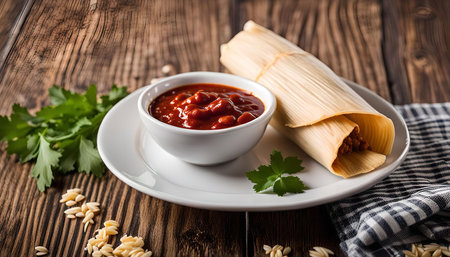A delicious tamale served on a white plate with chili sauce and parsley, on a wooden table. The tamale is wrapped in corn husk and is a classic Mexican dish.の写真素材