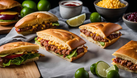 Close up of several delicious hamburgers with lettuce, tomato, and cheese on white bread, with limes and other ingredients in the background.の写真素材