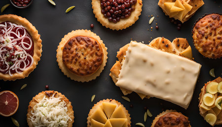A variety of savory pastries, each filled with unique toppings and ingredients, like cheese, red beans, and onions. The pastries look fresh and delicious, and they are sure to satisfy any craving.の写真素材