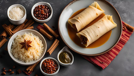 A close-up of a delicious meal featuring crepes, rice, beans, and cinnamon sticks. The crepes are rolled and drizzled with sauce, served on a plate with side dishes.の写真素材