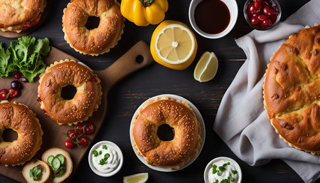 A close-up shot of delicious bagel sandwiches topped with creamy sauce and fresh ingredients, displayed on a wooden table with other ingredients such as tomatoes, lemons, and lime.の写真素材