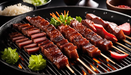 Close-up of grilled meat skewers with red peppers, parsley and green peppers on a hot grill.の写真素材