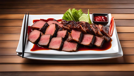 A close-up shot of perfectly seared steak slices, arranged on a white plate, garnished with fresh greenery, and accompanied by a red sauce. The image showcases a delicious and appetizing meal.の写真素材