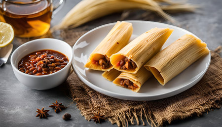 A plate of tamales with red beans and corn husks. These tamales are a traditional Mexican dish that is made with masa dough, meat, and spices, and then wrapped in corn husks. They are often served with a variety of toppings, such as salsa, sour cream, and cheese. Tamales are a delicious and flavorful dish that is perfect for any occasion.の写真素材