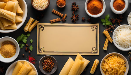 Close-up overhead shot of various food ingredients, spices and blank card on black wooden...