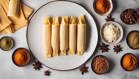 A flat lay showcasing tamales prepared with corn husks, alongside various spices, ready for cooking. The arrangement is aesthetically pleasing, highlighting the ingredients and the preparation process.の写真素材