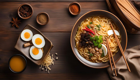 A bowl of delicious Asian noodle soup with egg and spices. The noodles are cooked in a rich broth and topped with a variety of toppings, including sliced egg, chili pepper, herbs, and star anise. The soup is served on a wooden table with chopsticks.の写真素材
