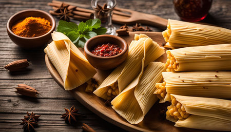 A closeup of tamales arranged on a wooden table with a bowl of red salsa, a bowl of spices, and various spices scattered around.の写真素材