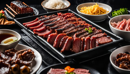 A tantalizing spread of Chinese delicacies, featuring a centerpiece of succulent grilled pork and...