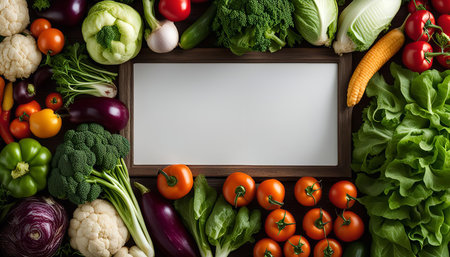 A white frame surrounded by fresh vegetables on a wooden surface. The image is taken from a top-down perspective, showing a variety of colorful produce.の写真素材
