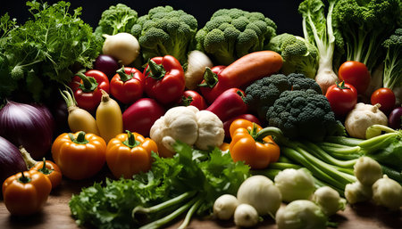 A vibrant display of fresh vegetables, including broccoli, tomatoes, bell peppers, cauliflower, onion, parsley, celery, lettuce, and turnips, arranged on a wooden surface.の写真素材