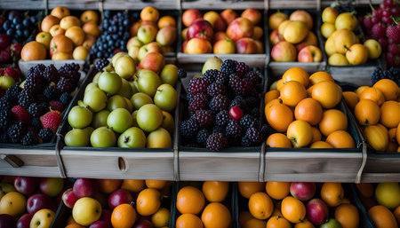 A collection of fresh fruits and berries displayed in wooden boxes. The vibrant colors and textures create a visually appealing still life.の写真素材