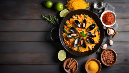 A delicious paella dish with mussels, lemon, and various spices, ready to be enjoyed.の写真素材