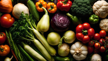 A vibrant assortment of fresh vegetables, including tomatoes, peppers, broccoli, cauliflower, zucchini, squash, garlic, and onions, arranged in a colorful display.の写真素材