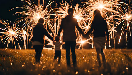 A family of four silhouetted against a backdrop of fireworks, enjoying a festive celebration. The warm colors of the fireworks create a sense of joy and togetherness.の写真素材