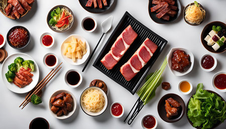 A diverse selection of Asian cuisine dishes arranged on a white table, featuring various meats, vegetables, and sauces, showing the flavors and beauty of Asian culinary tradition.の写真素材