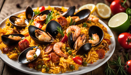 A delicious seafood paella with mussels, shrimp, rice and vegetables on a white plate.の写真素材