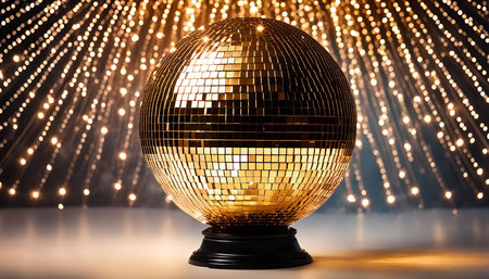 A classic disco ball sits on a table with blurry lights in the background, creating a festive and celebratory atmosphere.の写真素材
